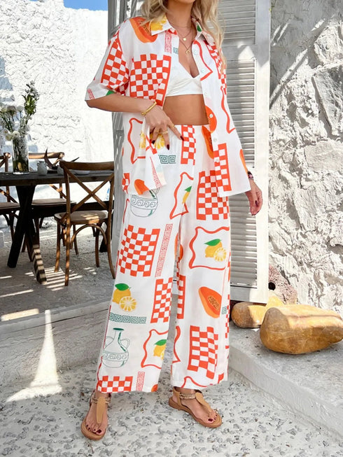 'Splendory' Collared Print Top and Pants Set - Celes Fashion